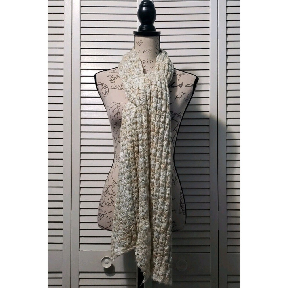 International Concepts Neutral Block Waffle Knit Scarf Ivory Tan Gold Metallic